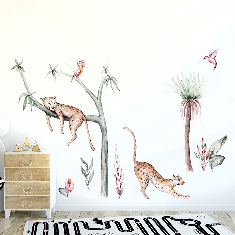 Cheetah Wall Decal, Tropical Animals Wall Decal, Jungle Animals Wall Decal, Safari Animals Wall Decal, Exotic Savana Animals Watercolor