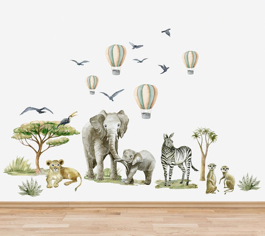 Savana Animals Wall Decal, Jungle Animals Wall Decal, Watercolor Wall Decal, Elephants, Zebra, Air Balloons Wall Decal, African Animals