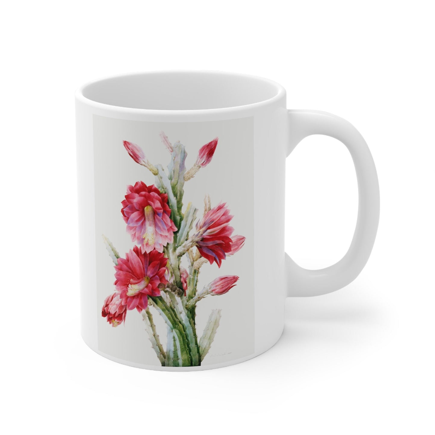 Mug with Cactus, A Flowering Cactus by Pierre Joseph Redout, Birthday Gift Mug, White Ceramic Coffee Mug 11oz, Fine Art Mug, Cup for Coffe