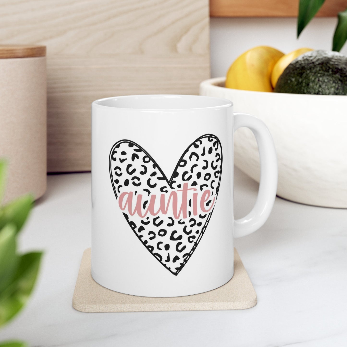 Gift Mug for Aunts, Auntie Leopard Print Heart Mug, Funny Mug, Gift Coffee Mug, Coffee Quotes Mug, Cup for Coffee, Ceramic Coffee Mug