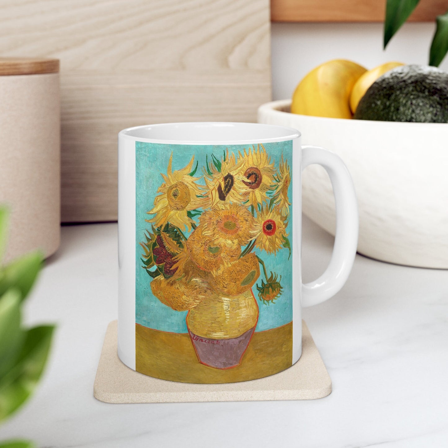 Vincent van Gogh's Vase with Twelve Sunflowers Painting Mug, Birthday Gift Mug, White Ceramic Coffee Mug 11oz, Fine Art Mug Cup