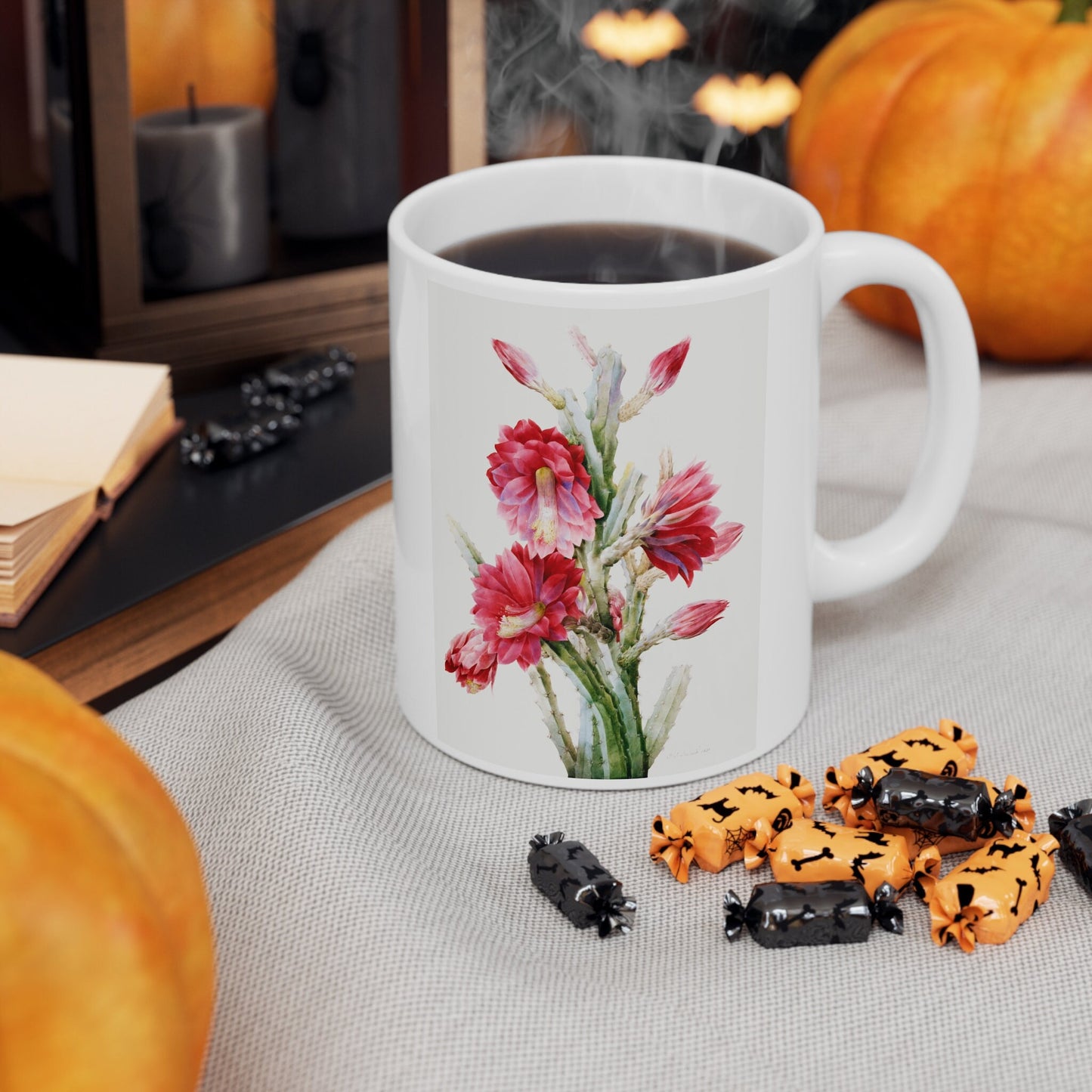 Mug with Cactus, A Flowering Cactus by Pierre Joseph Redout, Birthday Gift Mug, White Ceramic Coffee Mug 11oz, Fine Art Mug, Cup for Coffe