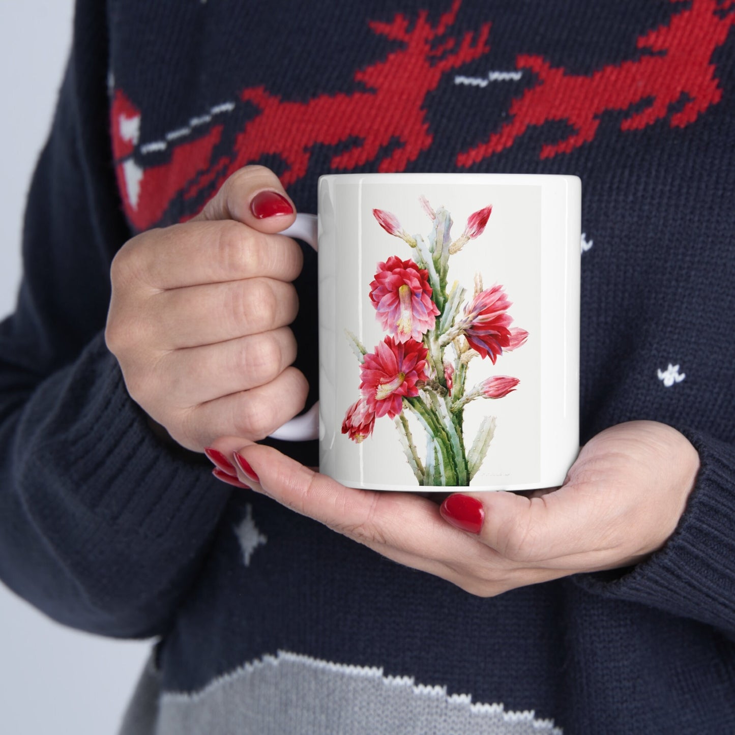 Mug with Cactus, A Flowering Cactus by Pierre Joseph Redout, Birthday Gift Mug, White Ceramic Coffee Mug 11oz, Fine Art Mug, Cup for Coffe