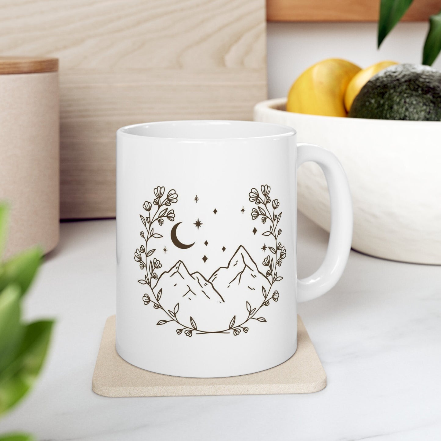 Mountain Wreath Mug, Gift Coffee Mug, Inspirational Boho Style Mug, Coffee Quotes Mug, Cup for Coffee or Tea, Ceramic Coffee Mug 11oz
