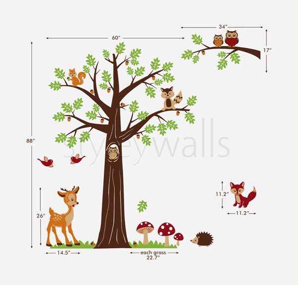 Woodland Tree Animals Wall Decal, Nursery Wall Decal Woodland Forest Animals Bambi Deer Owls Squirrels Raccoon Baby Kids Room Art Decor