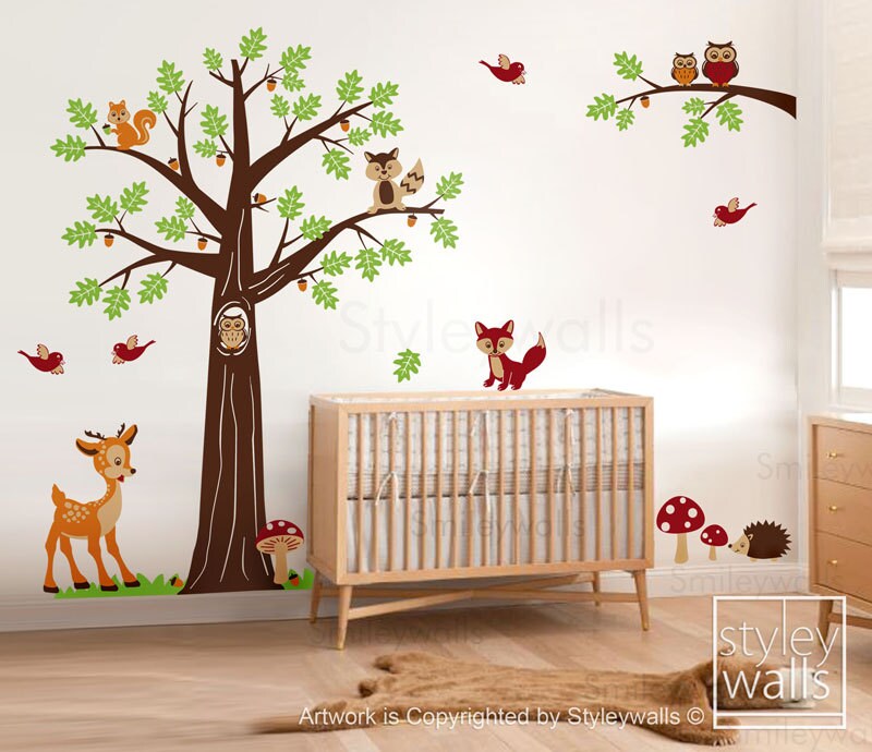 Woodland Tree Animals Wall Decal, Nursery Wall Decal Woodland Forest Animals Bambi Deer Owls Squirrels Raccoon Baby Kids Room Art Decor