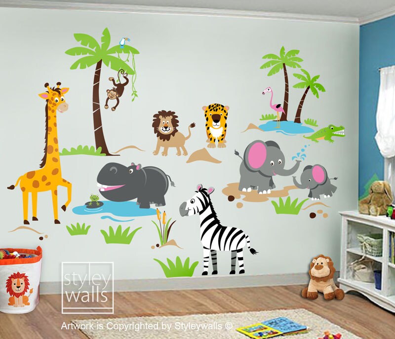 Safari Jungle Animals HUGE Wall Decal Set Monkey Giraffe Elephant Lion Zebra Tiger Crocodile Hippo Nursery Kids Playroom Room Sticker Art