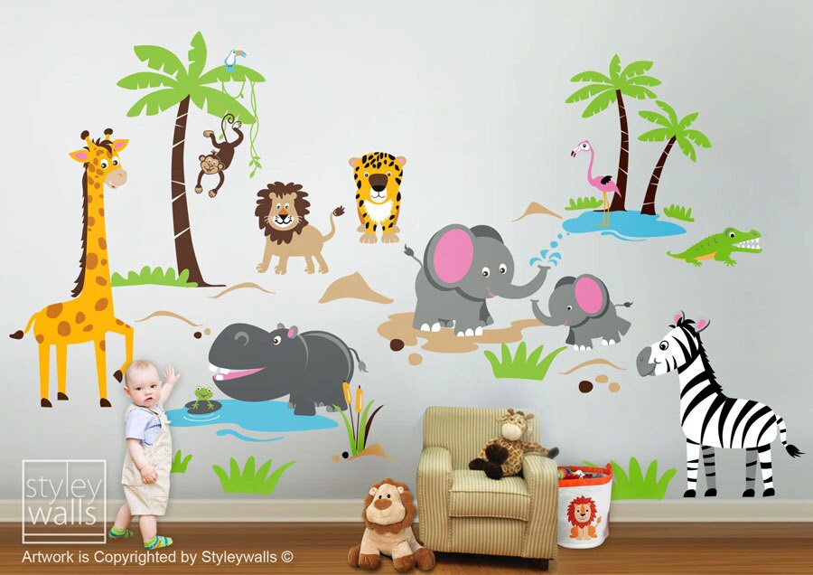 Safari Jungle Animals HUGE Wall Decal Set Monkey Giraffe Elephant Lion Zebra Tiger Crocodile Hippo Nursery Kids Playroom Room Sticker Art