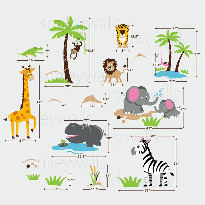 Safari Jungle Animals HUGE Wall Decal Set Monkey Giraffe Elephant Lion Zebra Tiger Crocodile Hippo Nursery Kids Playroom Room Sticker Art