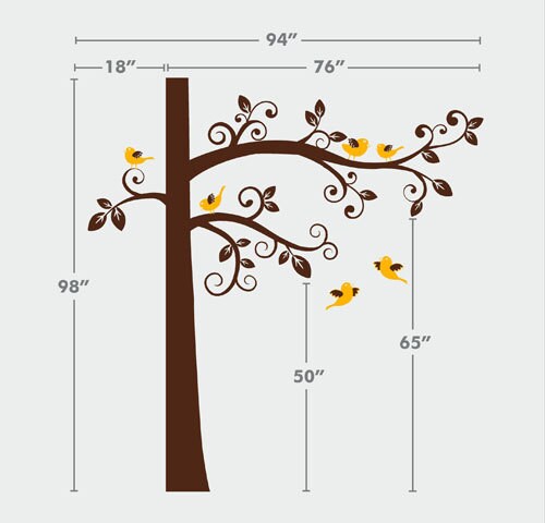 Corner Tree Wall Decal, Swirly Tree with Birds Wall Decal, Corner Tree Kids Wall Decal,  Tree and Birds Wall Sticker, Nursery Tree Decal