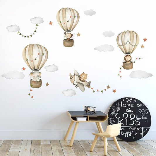 Watercolor Air Balloons, Animals Wall Decal, Hot Air Balloons Wall Sticker, Jungle Safari Animals Wall Decal Sticker, Kids Nursery Baby Room