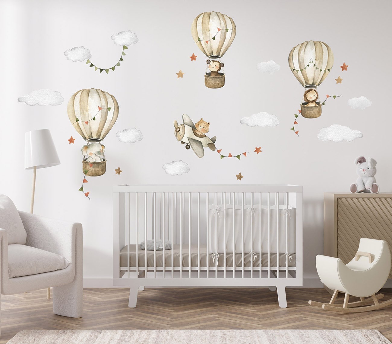 Jungle Animals and Air Balloons,  Watercolor Hot Air Balloons Wall Sticker, Safari Animals Wall Decal, Nursery Baby Room Wall Decals