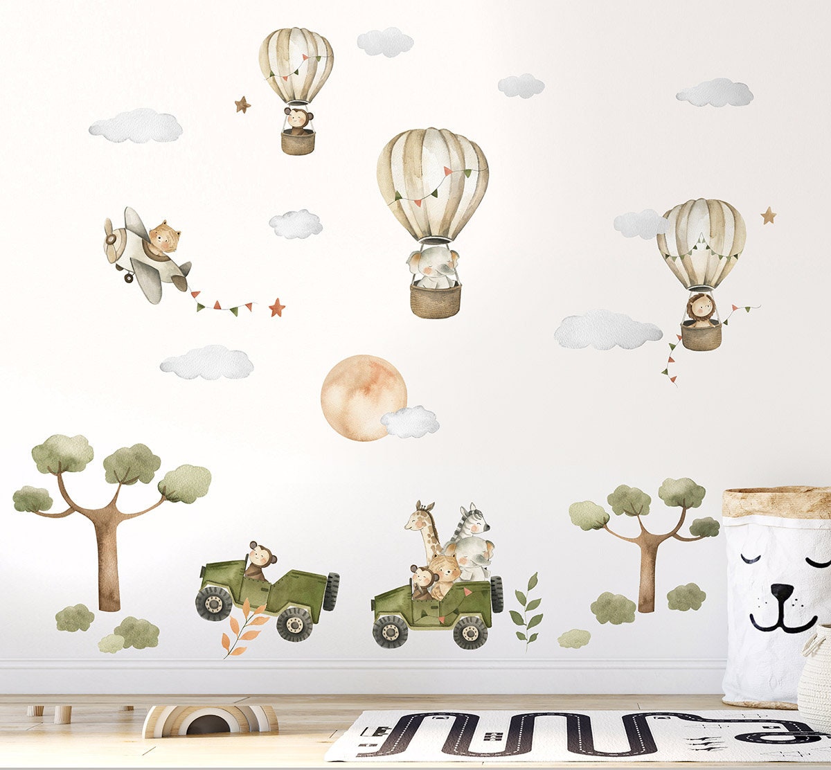 Safari Wall Decal, Animals Wall Decal, Watercolor Hot Air Balloons Wall Decal, Airplane Wall Decal, Jungle Animals Sticker, Kids Nursery