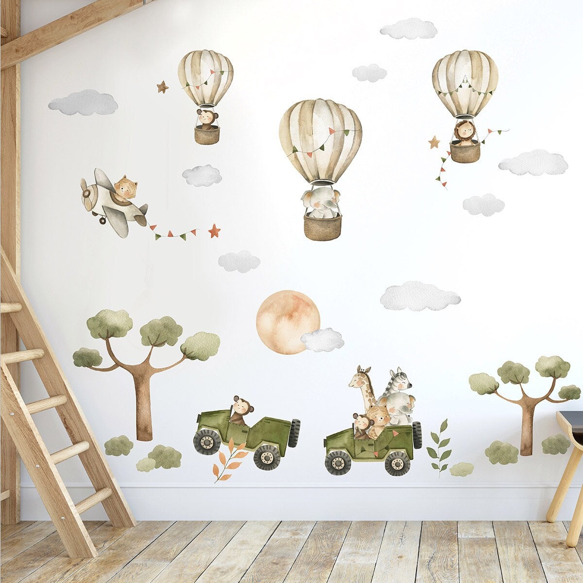 Safari Wall Decal, Animals Wall Decal, Watercolor Hot Air Balloons Wall Decal, Airplane Wall Decal, Jungle Animals Sticker, Kids Nursery