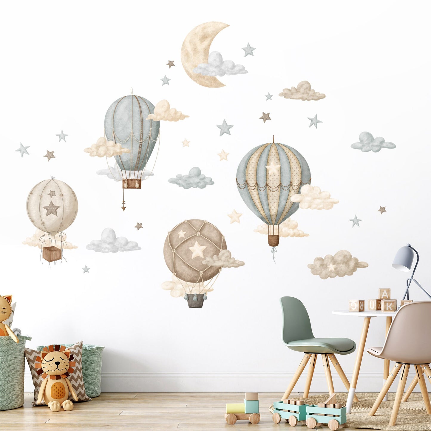 Heißluftballons Wandtattoo, Luftballons Aufkleber fürs Kinderzimmer, Vintage Luftballons Aufkleber, Mond und Sterne Wandtattoo, Wandtattoo Kinderzimmer