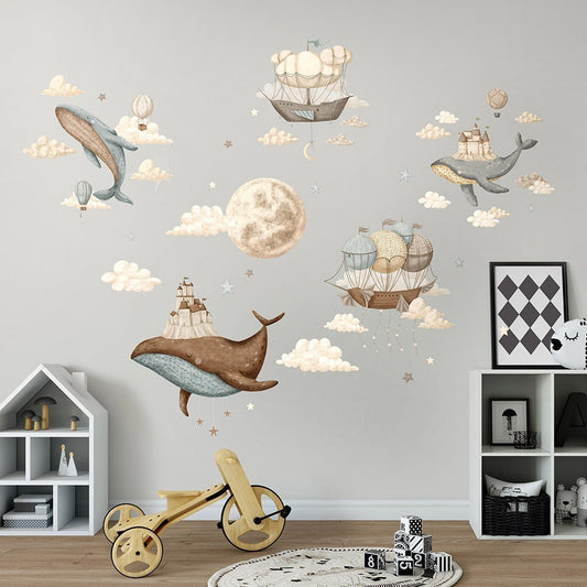 Whales Wall Decal, Ocean Wall Decal, Vintage Hot Air Balloons Decal, Sealife Wall Stickers, Moon and Stars Wall Decal, Nursery Wall Sticker