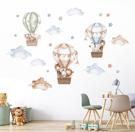 Autocollant mural avec montgolfières et animaux à l'aquarelle, autocollant mural avec montgolfières et animaux de la jungle, décoration de chambre de bébé pour enfants