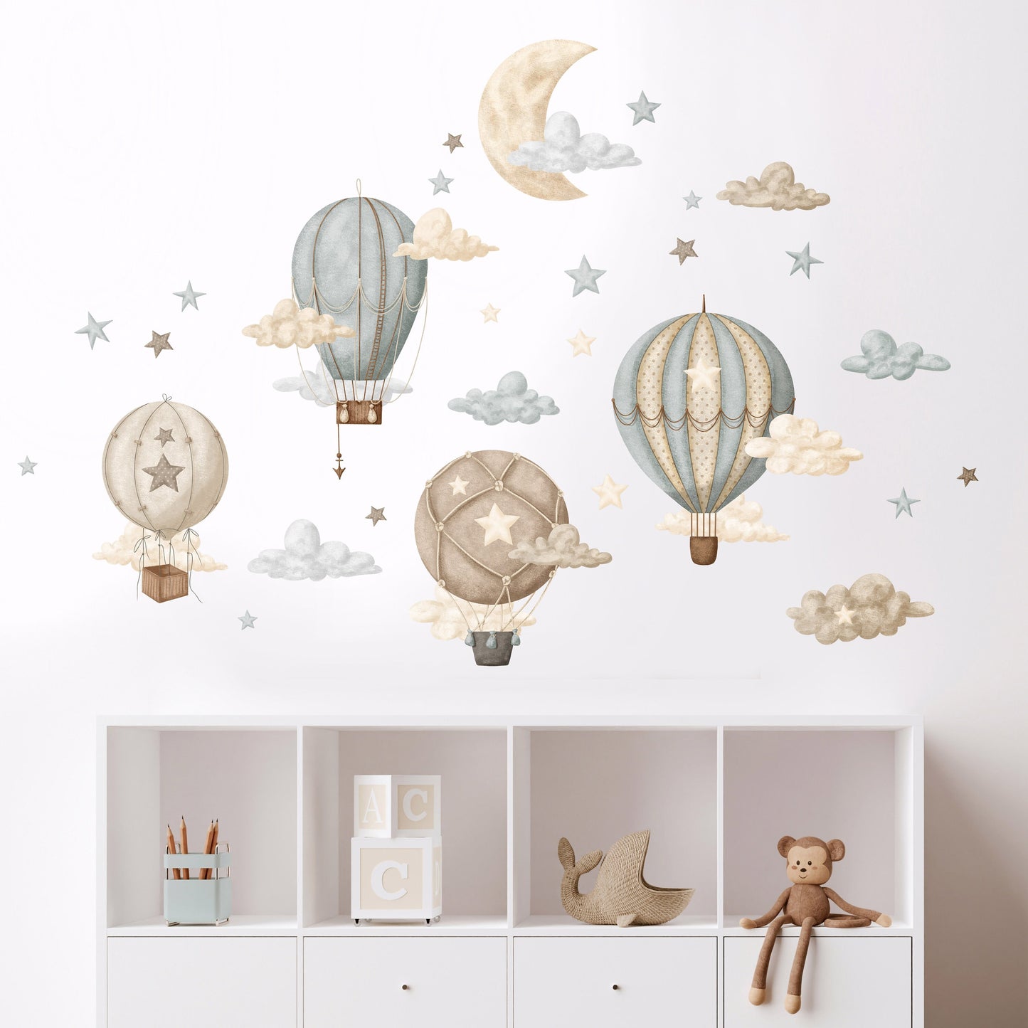 Hot Air Balloons Wall Decal, Air Balloons Sticker for Nursery, Vintage Air Balloons Decal, Moon and Stars Wall Decal, Wall Stickers Nursery