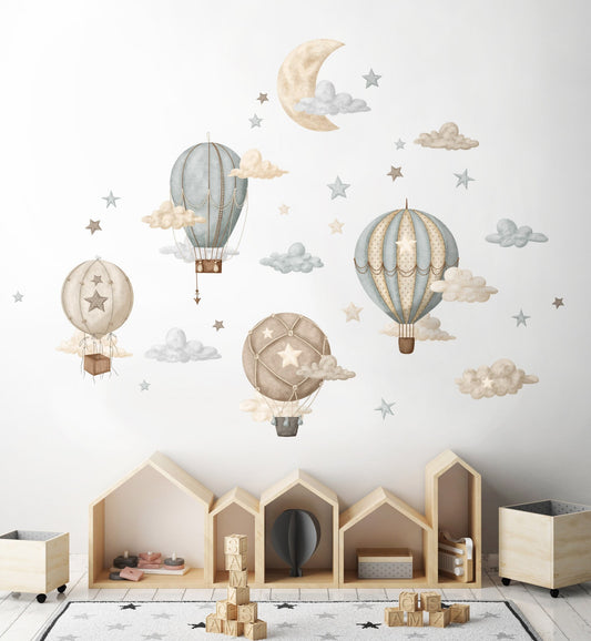 Autocollant mural montgolfières, autocollant montgolfières pour chambre d'enfant, autocollant montgolfières vintage, autocollant mural lune et étoiles, autocollants muraux pour chambre d'enfant