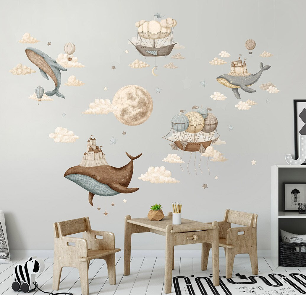 Whales Wall Decal, Ocean Wall Decal, Vintage Hot Air Balloons Decal, Sealife Wall Stickers, Moon and Stars Wall Decal, Nursery Wall Sticker