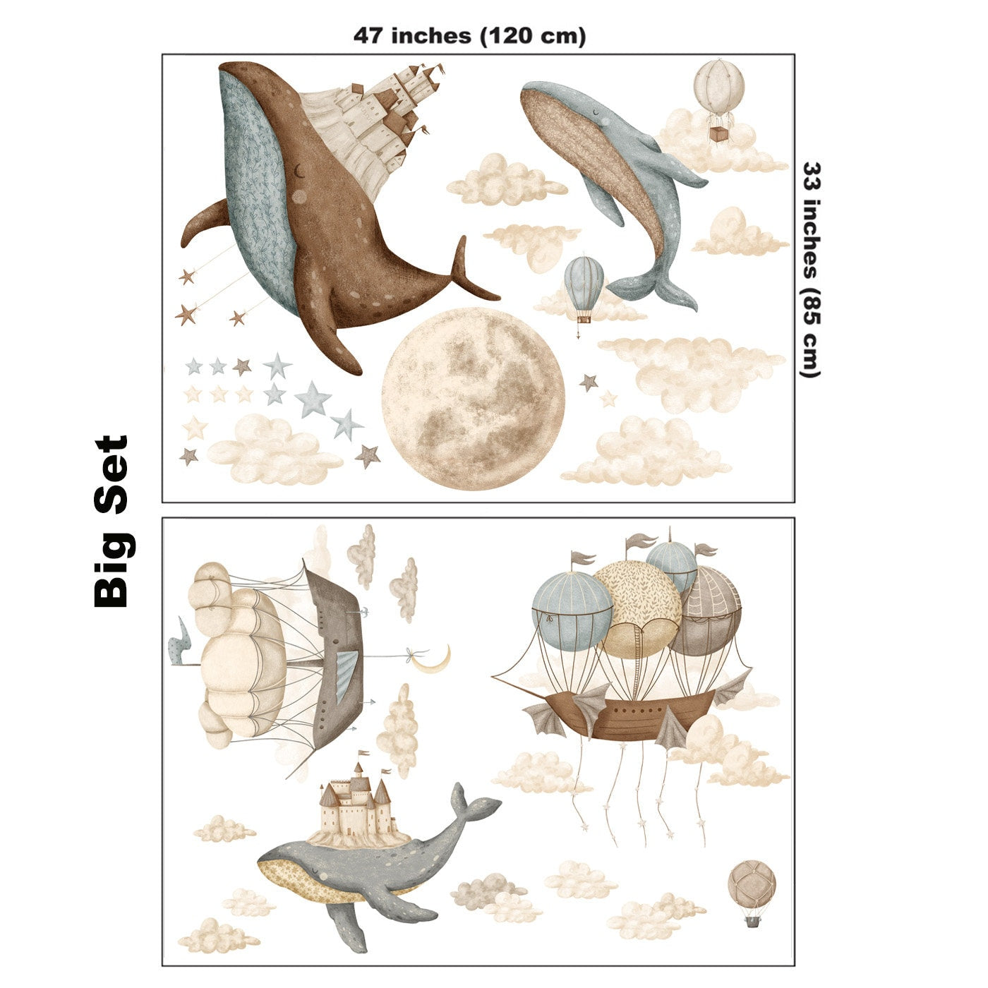 Autocollant mural baleines, autocollant mural océan, autocollant montgolfières vintage, autocollants muraux vie marine, autocollant mural lune et étoiles, autocollant mural pour chambre d'enfant