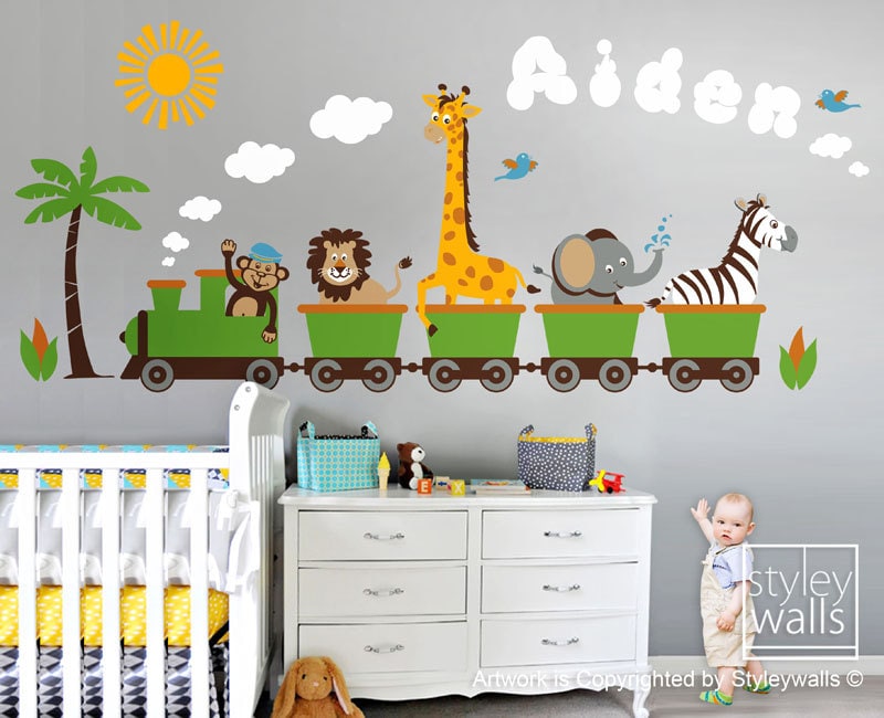 Jungle Safari Animals Train Wall Decal, Train Sticker, Monkey Zebra Giraffe Elephant Lion Nursery Personalized Kids Playroom Room Sticker