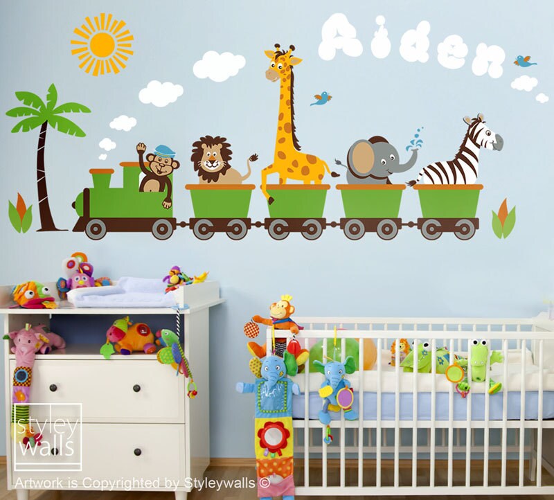 Jungle Safari Animals Train Wall Decal, Train Sticker, Monkey Zebra Giraffe Elephant Lion Nursery Personalized Kids Playroom Room Sticker