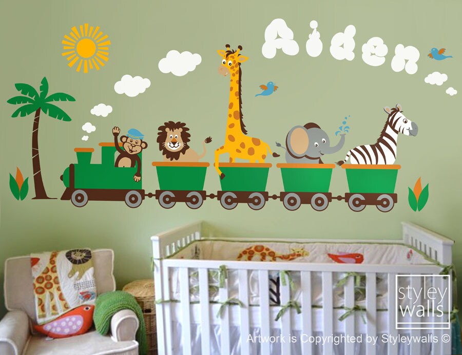 Jungle Safari Animals Train Wall Decal, Train Sticker, Monkey Zebra Giraffe Elephant Lion Nursery Personalized Kids Playroom Room Sticker