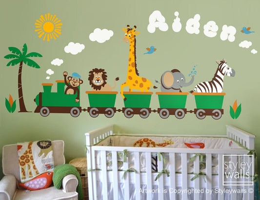 Jungle Safari Animals Train Wall Decal, Train Sticker, Monkey Zebra Giraffe Elephant Lion Nursery Personalized Kids Playroom Room Sticker