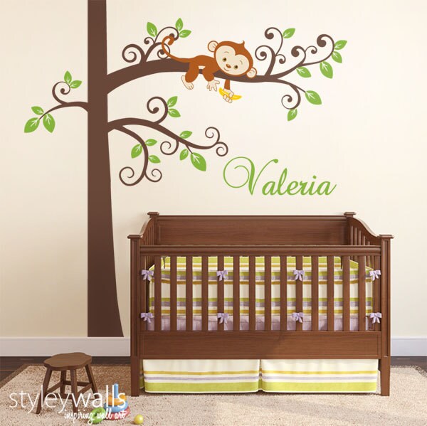 Monkey Wall Decal, Monkey and Tree Wall Decal, Jungle Wall Decal, Jungle Monkey Personalized Nursery Baby Room Decor Wall Art Wall Sticker