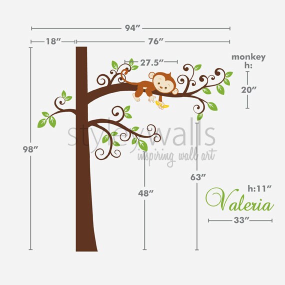 Monkey Wall Decal, Monkey and Tree Wall Decal, Jungle Wall Decal, Jungle Monkey Personalized Nursery Baby Room Decor Wall Art Wall Sticker