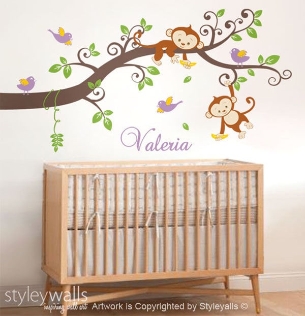 Monkey Tree Wall Decal, Monkey Branch Wall Decal, Personalized Custom Name Wall Decal, Monkey Tree Wall Decal Kids Baby Nursery Decor