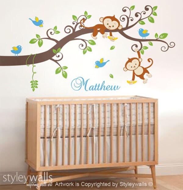 Autocollant mural arbre singe, autocollant mural branche singe, autocollant mural nom personnalisé, autocollant mural arbre singe, décoration de chambre d'enfant bébé