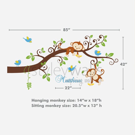 Autocollant mural arbre singe, autocollant mural branche singe, autocollant mural nom personnalisé, autocollant mural arbre singe, décoration de chambre d'enfant bébé