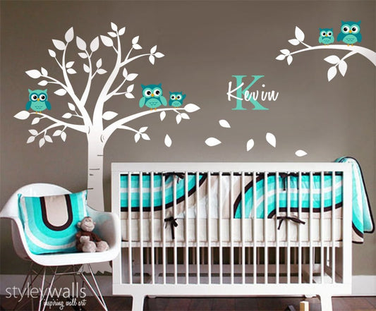 Owls Tree Wall decal, Nursery Wall Decal, Owls and Tree Wall Decal for Baby Room Decor, Owls and Tree Personalized Initial Name Wall Decal