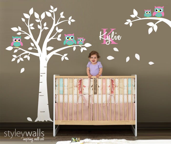 Owls Tree Wall decal, Nursery Wall Decal, Owls and Tree Wall Decal for Baby Room Decor, Owls and Tree Personalized Initial Name Wall Decal