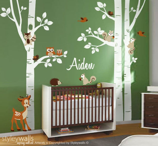 Forest Animals Birch Trees Wall Decal for Nursery, Woodland Animals Wall Decal, Forest Animals Wall Decal, Baby Room Sticker, Owl Deer Decal