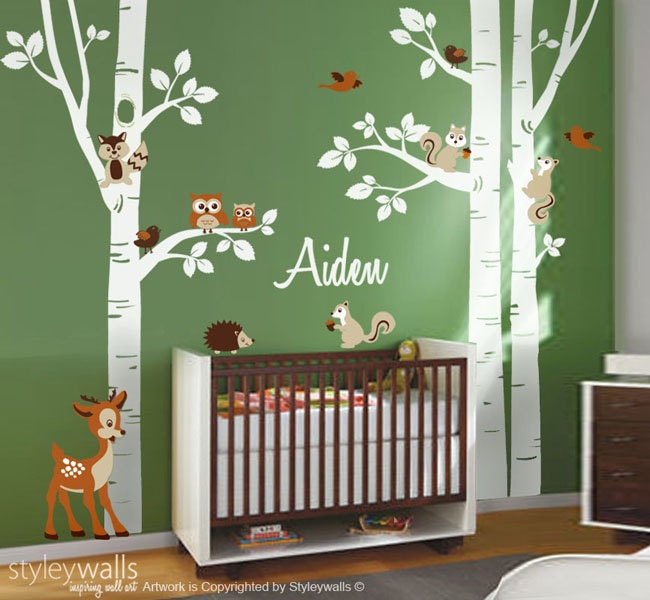Birch Trees Sticker, Birch Trees Wall Decal, Forest Animals Wall Sticker, Bambi Squirrels Birds Owls Forest Trees Wall Decal, Nursery Decor