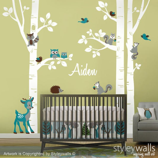 Birch Trees Wall Decal, Birch Trees and Owls Wall Sticker for Nursery, Trees Wall Decal, Birch Trees and Animals Wall Decal for Baby Room