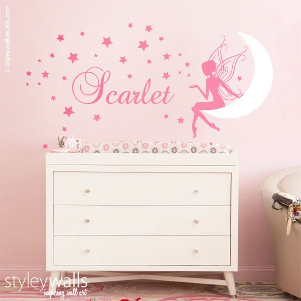 Fairy Wall Decal, Fairy Moon and Stars Wall Decal, Fairy Wall Sticker with Moon and Stars, Fairy Sticker for Girls Room Baby Nursery