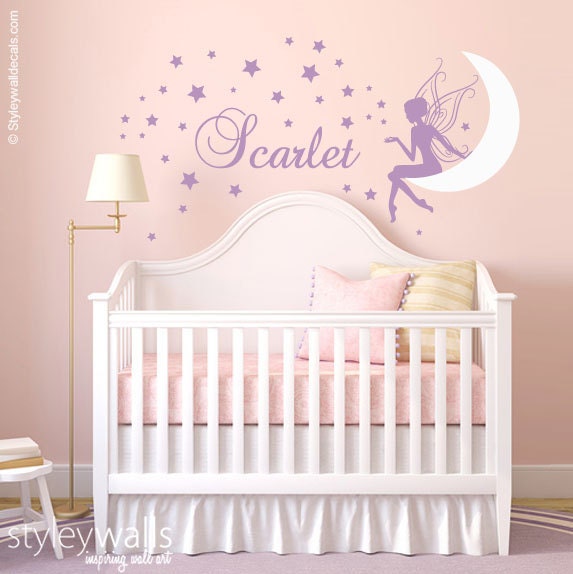 Fairy Wall Decal, Fairy Moon and Stars Wall Decal, Fairy Wall Sticker with Moon and Stars, Fairy Sticker for Girls Room Baby Nursery