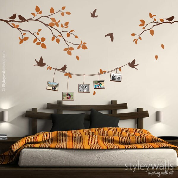 Photo Frames and Branch Wall Decal, Branch with Birds Picture Photo Frames Wall Decal, Photo Frames Wall Decal Nature Sticker Home Decor