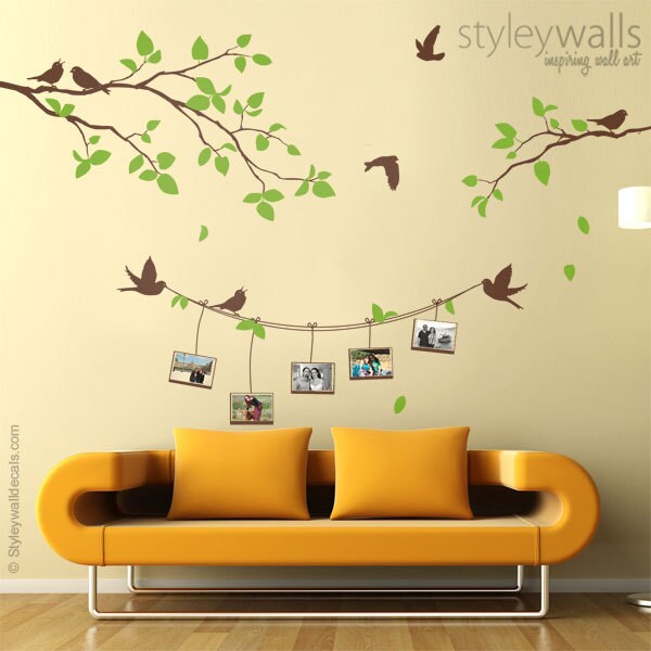 Photo Frames and Branch Wall Decal, Branch with Birds Picture Photo Frames Wall Decal, Photo Frames Wall Decal Nature Sticker Home Decor