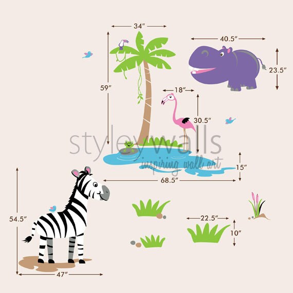 Safari Animals Wall Decal Set, Hippo Flamingo Zebra Frog  Sticker Nursery Kids Playroom Room Sticker Art, Jungle Animals Wall Decal