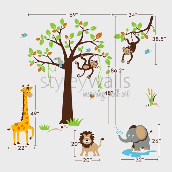 Safari Jungle Animals Wall Decal, Safari Tree Set Wall Decal Sticker, Nursery Kids Playroom Decor, Monkey Giraffe Elephant Lion Wall Decal