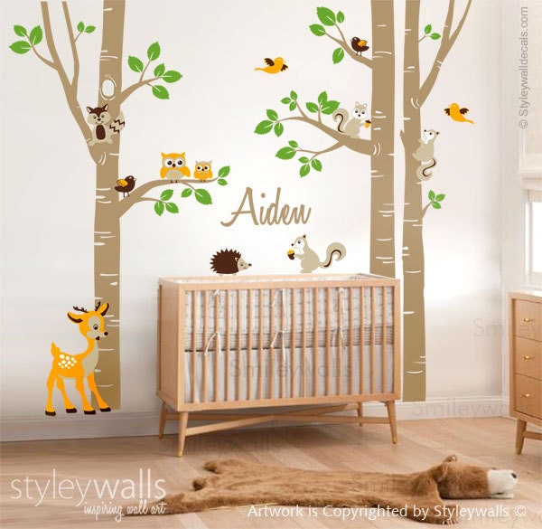 Birch Trees Sticker, Birch Trees Wall Decal, Forest Animals Wall Sticker, Bambi Squirrels Birds Owls Forest Trees Wall Decal, Nursery Decor